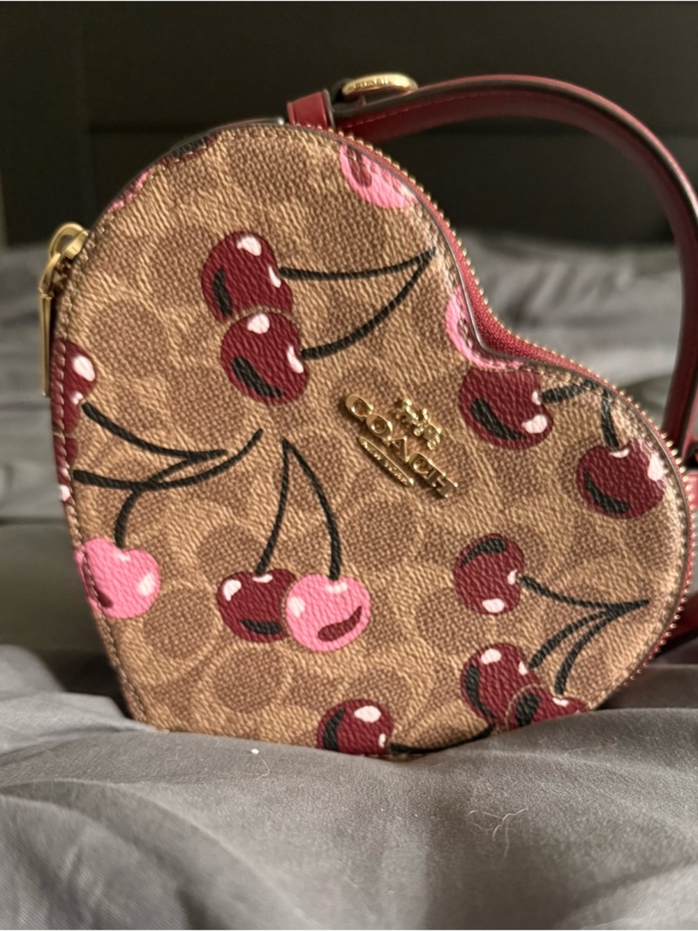 COACH Heart-Shaped Cherry Print Mini Bag - Brown/Red/Pink